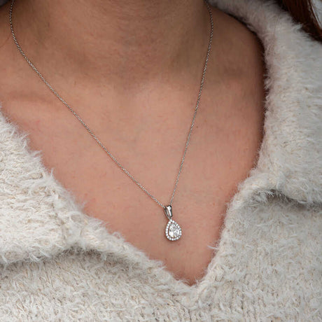 Sterling Silver Necklace - Elegant Pear Halo White Zircon Pendant