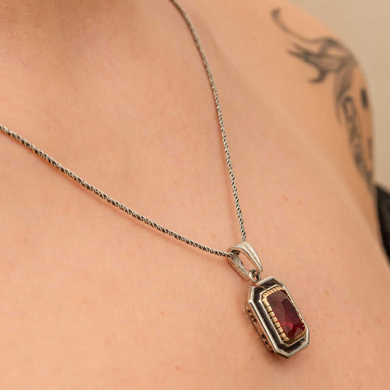 Necklace - Silver-Tone & Gold Accent Red Gemstone Rectangular Pendant