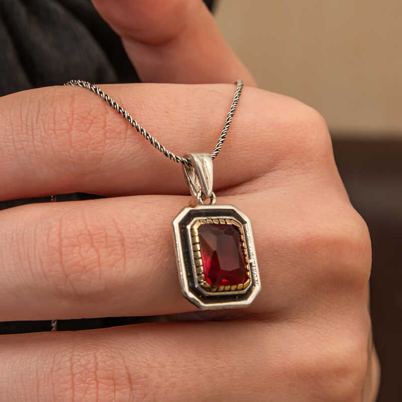 Necklace - Silver-Tone & Gold Accent Red Gemstone Rectangular Pendant