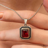 Necklace - Silver-Tone & Gold Accent Red Gemstone Rectangular Pendant