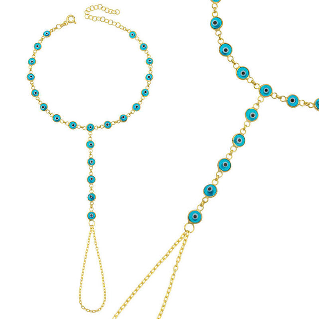 Gold-Tone Evil Eye Hand Chain Bracelet - Dainty & Symbolic Boho Jewelry