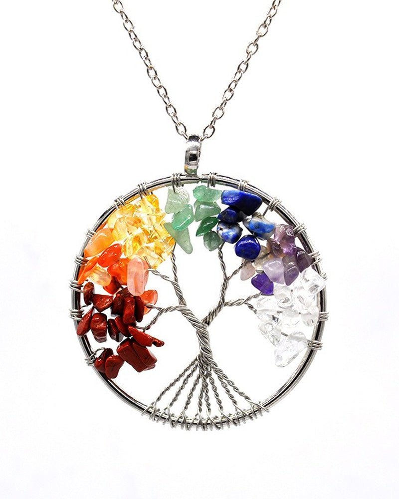 Taki | 7 Chakra Tree of Life Natural Stone Necklace with Metal Chain