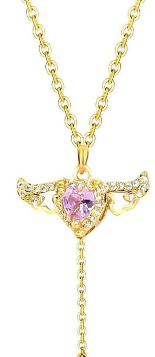 Taki | Pink Stone Women's Stainless Steel Necklace with Moving Wing Heart