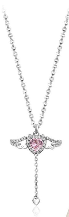 Taki | Pink Stone Women's Stainless Steel Necklace with Moving Winged Heart