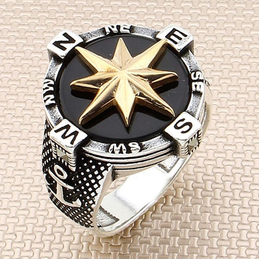 Taki | Silver Compass Ring with Black Onyx Stone
