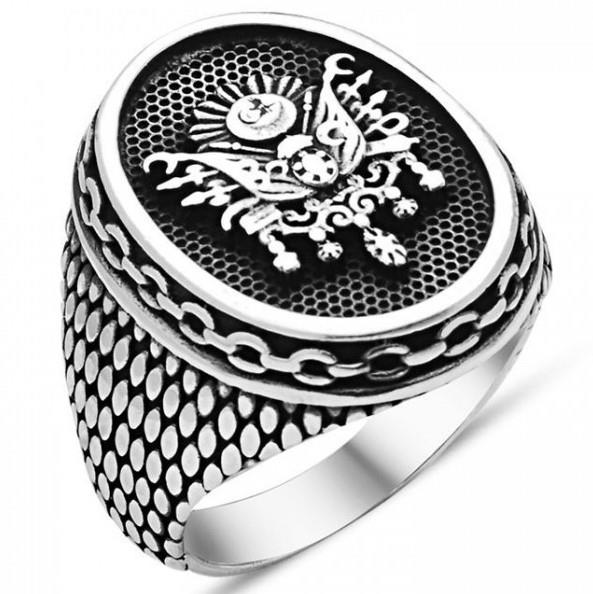 Taki | Silver Men's Ring with Ottoman State Coat of Arms Motif - TryAladdin