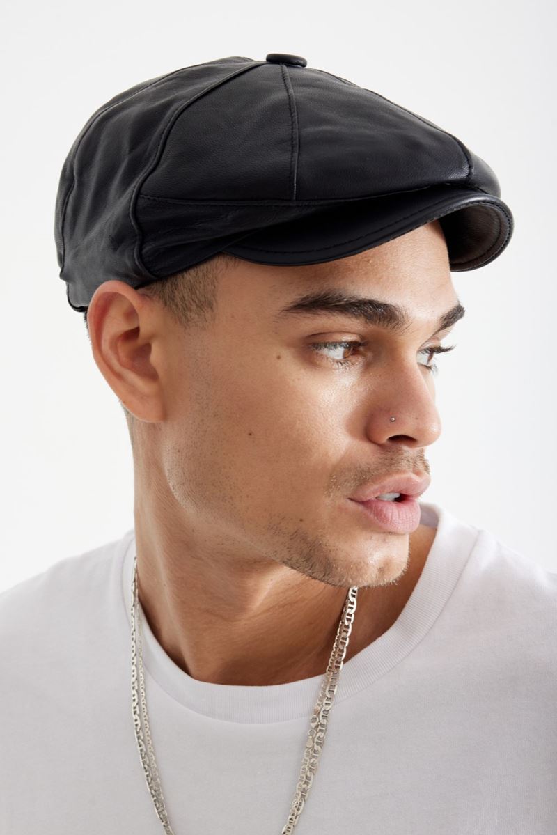 TD | Black Genuine Leather Men's Classic Beanie Hat