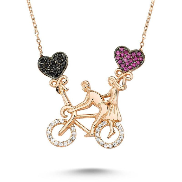 TD | Couple Riding a Bike Silver Necklace with Heart