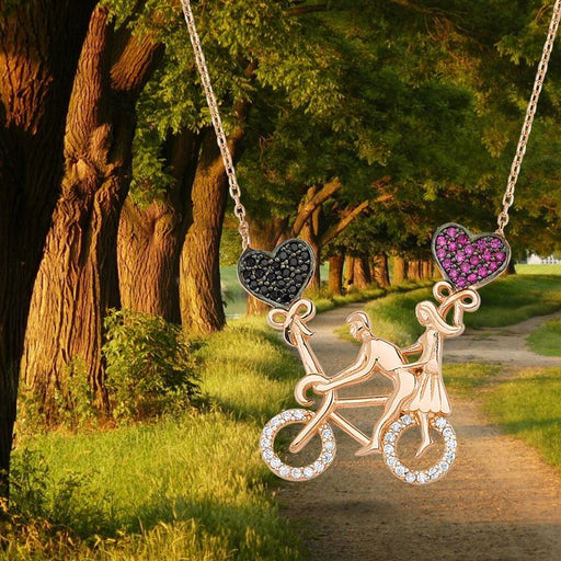 TD | Couple Riding a Bike Silver Necklace with Heart