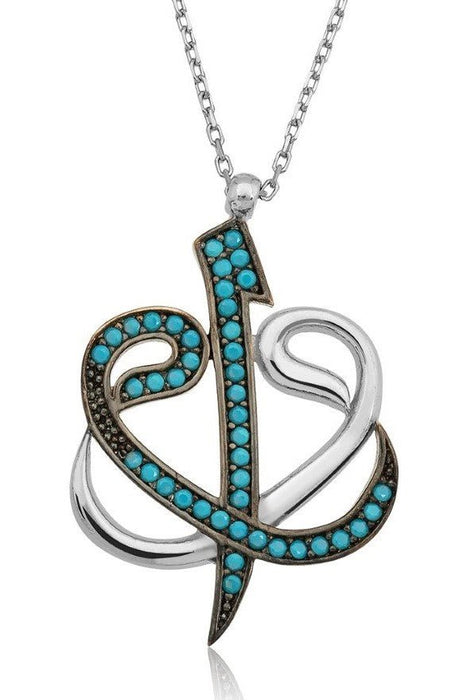 TD | Double Waw Aleph Letters Islamic Motivated Ladies Silver Necklace with Turquoise Stone