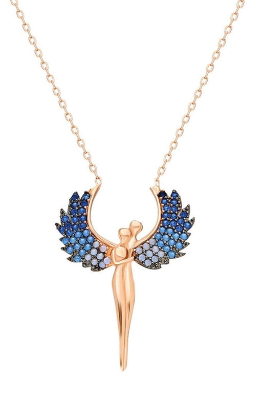 TD | Hugging Couple Silver Necklace with Blue Stone Michael Angel Wings