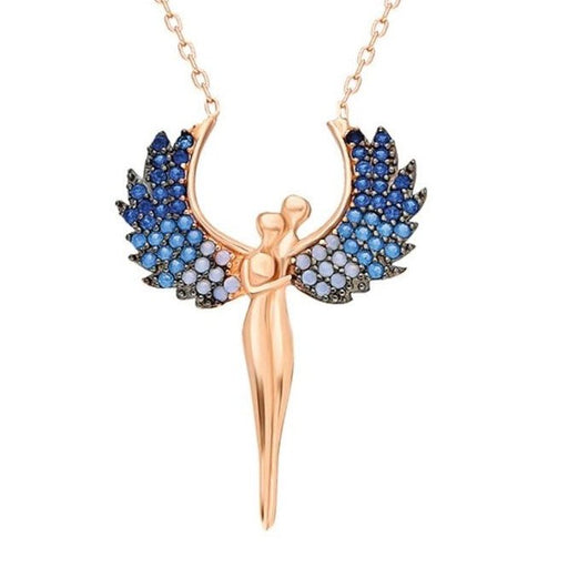 TD | Hugging Couple Silver Necklace with Blue Stone Michael Angel Wings