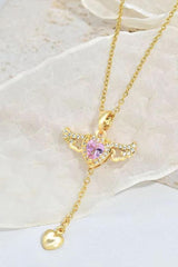 TD | Pink Stone Women's Stainless Steel Necklace with Moving Wing Heart