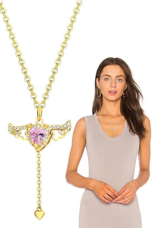 TD | Pink Stone Women's Stainless Steel Necklace with Moving Wing Heart