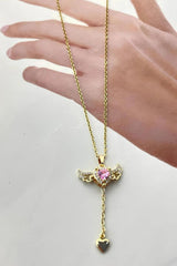 TD | Pink Stone Women's Stainless Steel Necklace with Moving Wing Heart