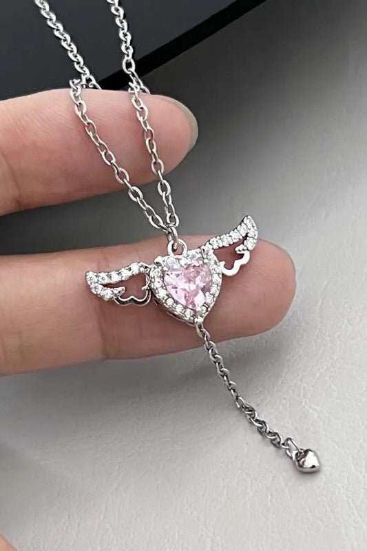 TD | Pink Stone Women's Stainless Steel Necklace with Moving Winged Heart