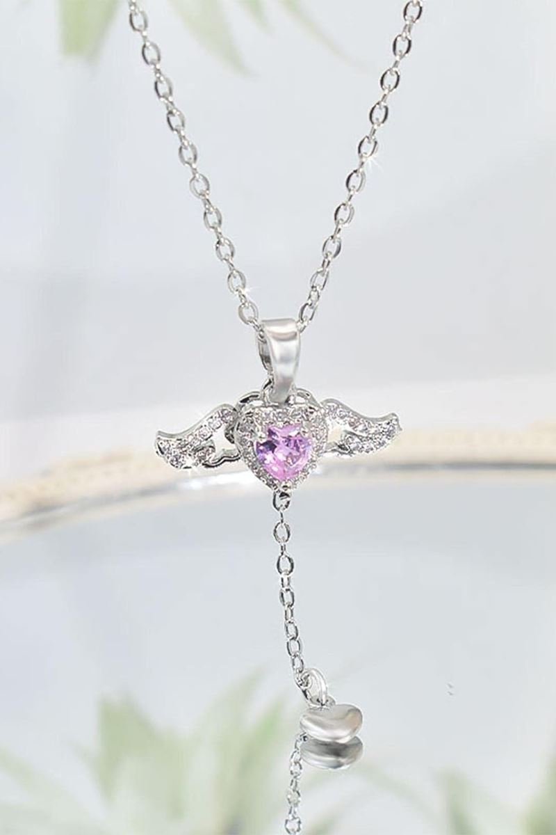 TD | Pink Stone Women's Stainless Steel Necklace with Moving Winged Heart