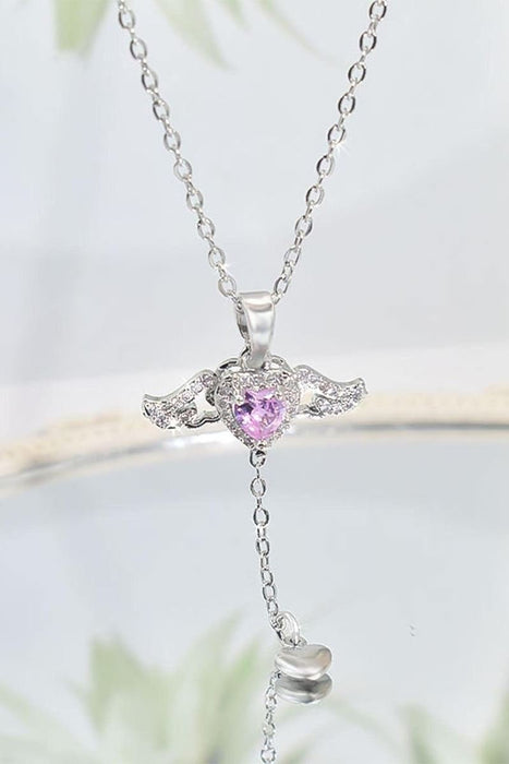 TD | Pink Stone Women's Stainless Steel Necklace with Moving Winged Heart