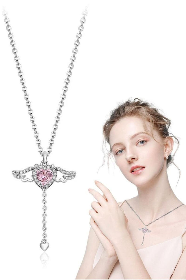 TD | Pink Stone Women's Stainless Steel Necklace with Moving Winged Heart