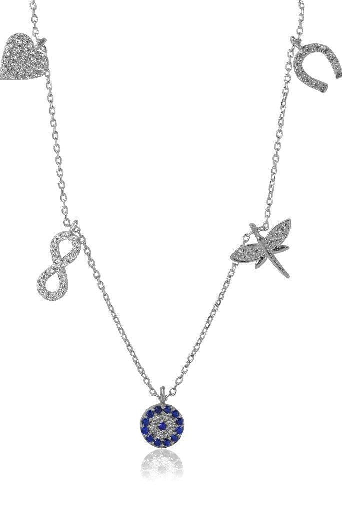 TD | Silver 5 Objects Luck Necklace with Nazar Beads Gift for Valentine