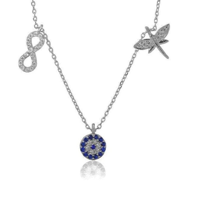 TD | Silver 5 Objects Luck Necklace with Nazar Beads Gift for Valentine