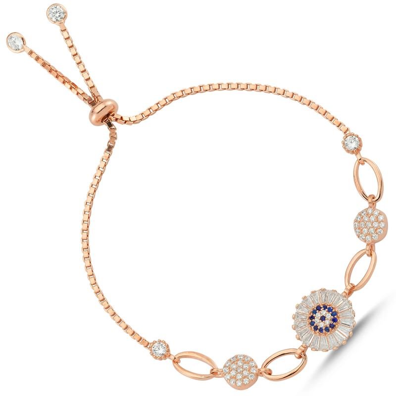 TD | Silver Daisy Bracelet with Nazar Beads Baguette Stone