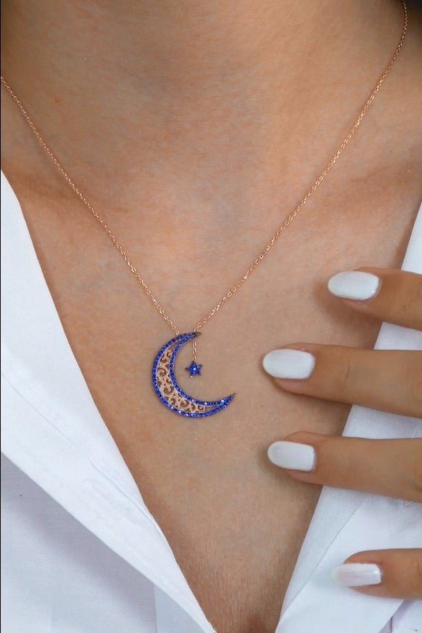 Taki | Silver Moon and Star Necklace Navy Blue Stone Valentine