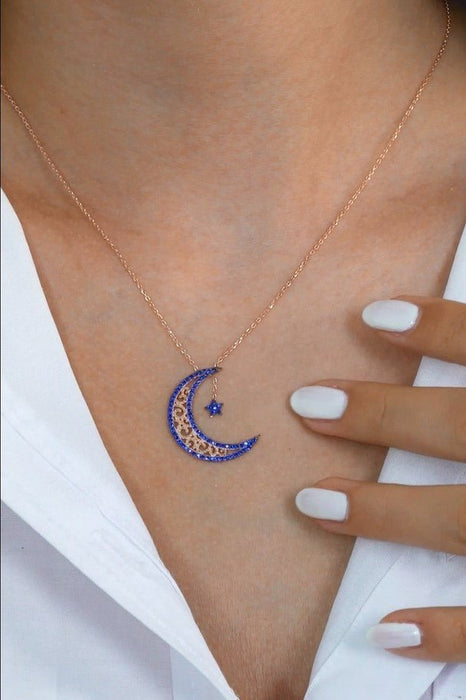 TD | Silver Moon and Star Necklace Navy Blue Stone Valentine Gift