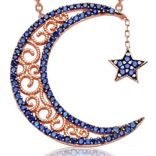 【新品】STAR JEWELRY DIA MOON NECKLACE Taki | Silver Moon and Star Necklace Navy Blue Stone Valentine