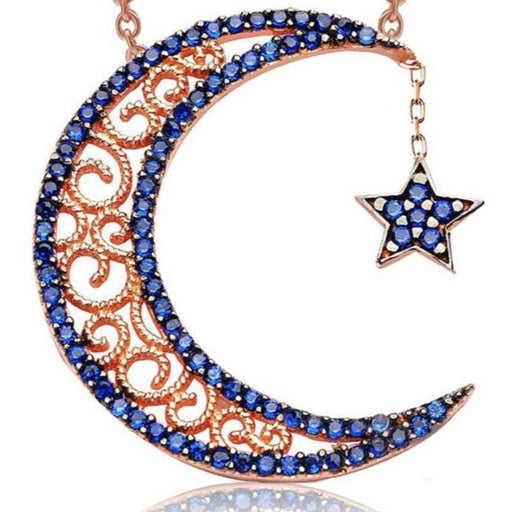 TD | Silver Moon and Star Necklace Navy Blue Stone Valentine Gift