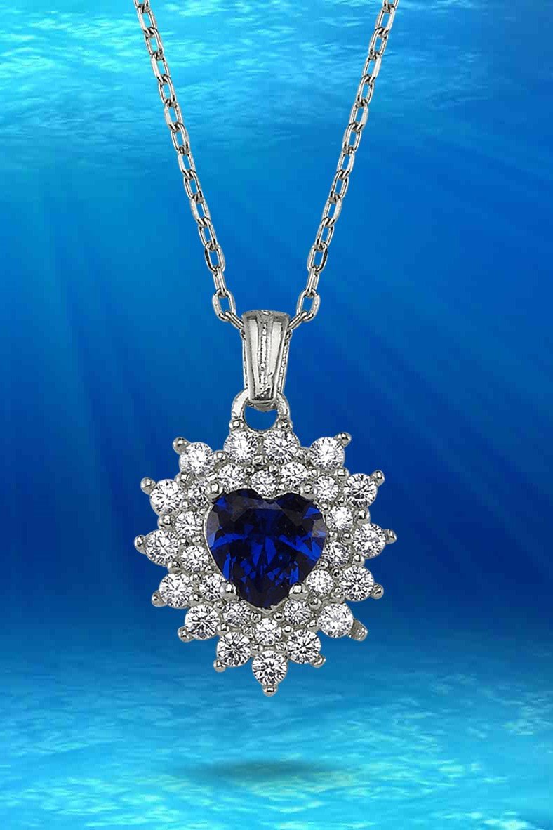 Taki | Titanic Heart of the Ocean Navy Blue Stone Heart Silver Necklace - TryAladdin