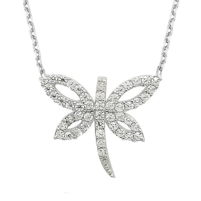 TD | Women's Silver Dragonfly Necklace with Zircon Stones and Nazar Beads