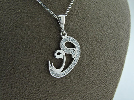 TD | Women's Silver Necklace with Islamic Motivated Waw and Aleph Letters Decorated with Stones