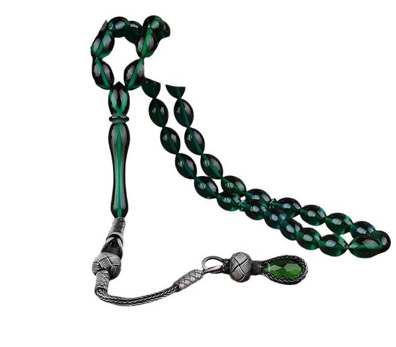 Tesbihevim | Amber Tasbih in Green with Silver Kazaz Tassel