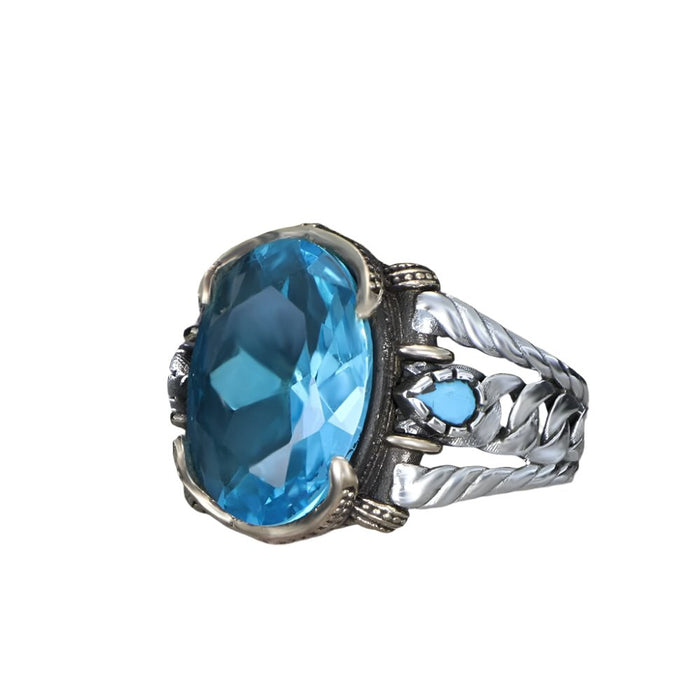 Tesbihevim | Chain Series Men's Silver Ring with Blue Topaz Stone