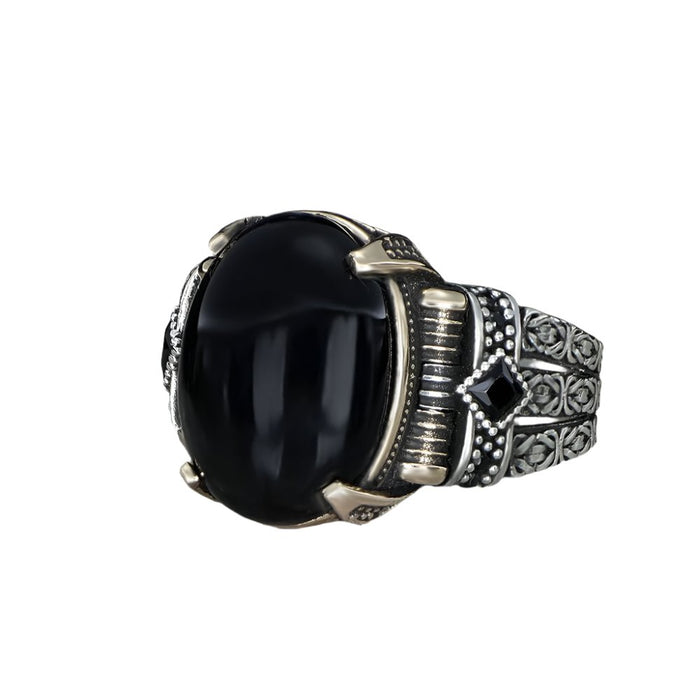 Tesbihevim | Chain Series Men's Silver Ring with Onyx Stone