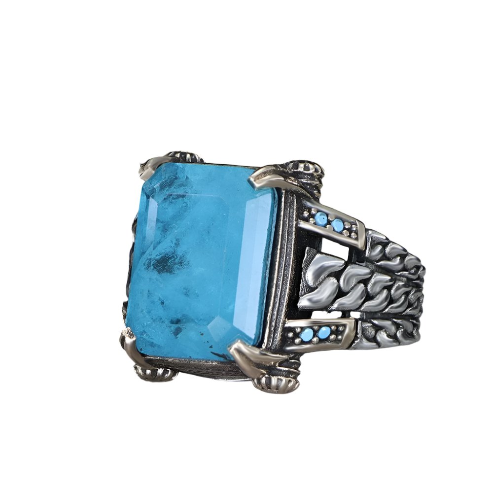 Tesbihevim | Chain Series Men's Silver Ring with Paraiba Stone