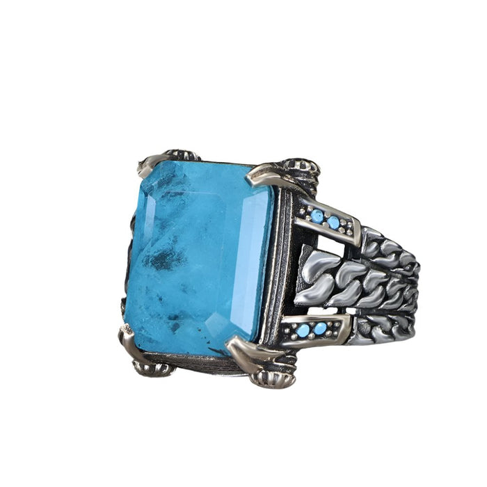 Tesbihevim | Chain Series Men's Silver Ring with Paraiba Stone