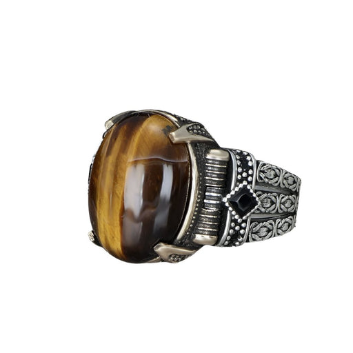 Tesbihevim | Chain Series Men's Silver Ring with Tiger's Eye Stone