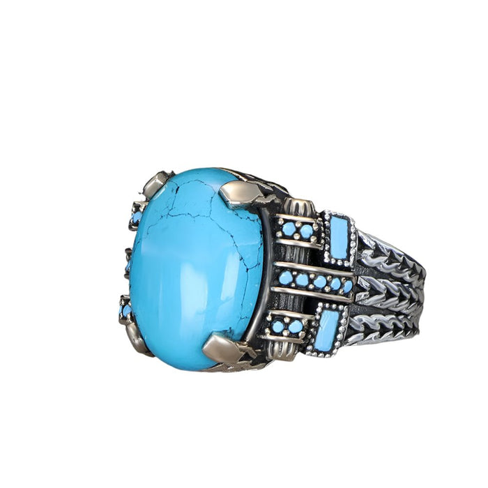 Tesbihevim | Chain Series Men's Silver Ring with Turquoise Stone