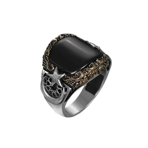 Tesbihevim | Men's Silver Onyx Stone Crescent Model Men's Silver Ring