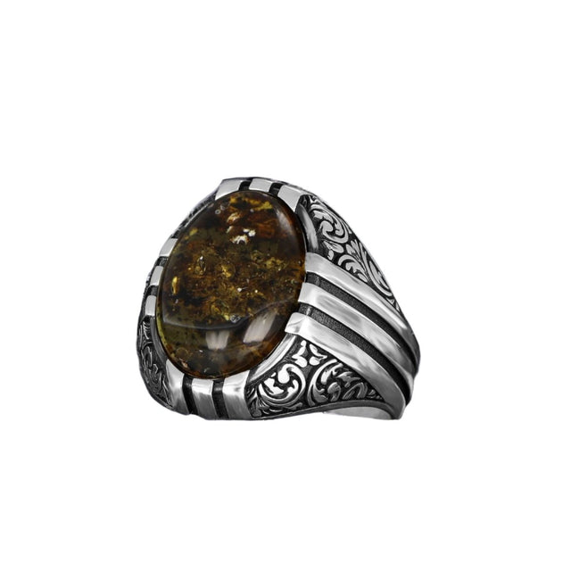 Tesbihevim | Men's Silver Ring with Fossil Drop Amber Stone