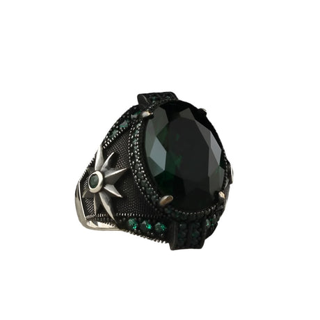 Tesbihevim | Men's Silver Ring with Green Zircon Stone