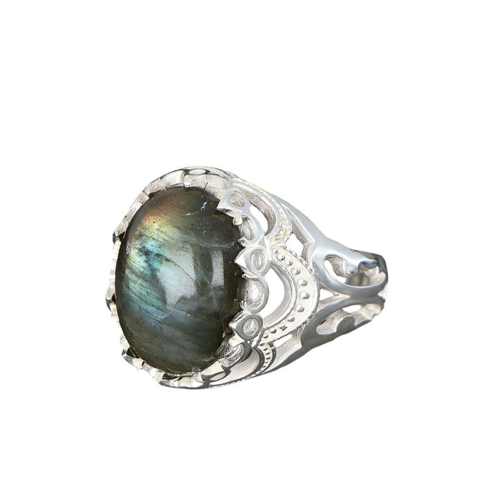 Tesbihevim | Men's Silver Ring with Labradorite Stone