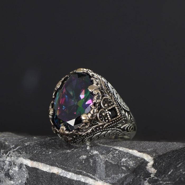 Tesbihevim | Men's Silver Ring with Mystic Topaz Stone