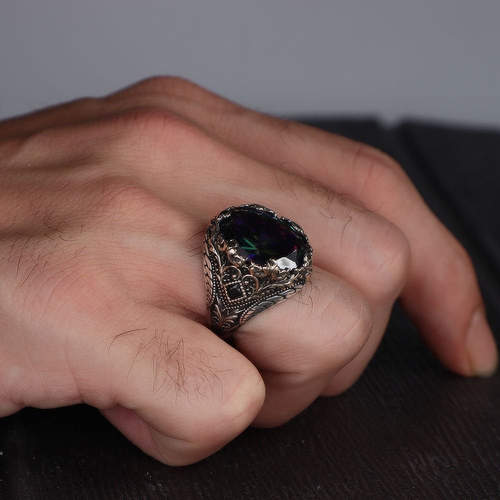 Tesbihevim | Men's Silver Ring with Mystic Topaz Stone