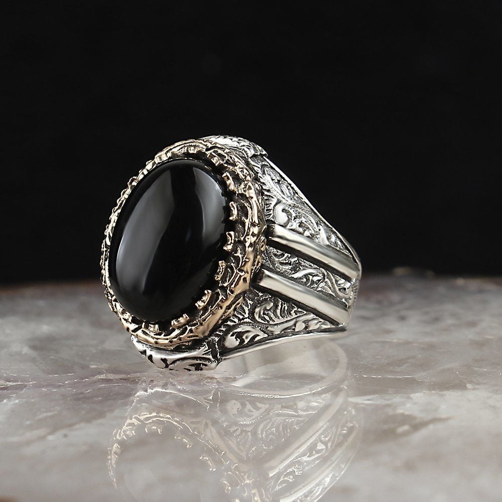 Tesbihevim | Men's Silver Ring with Onyx Stone Master Craftmanship