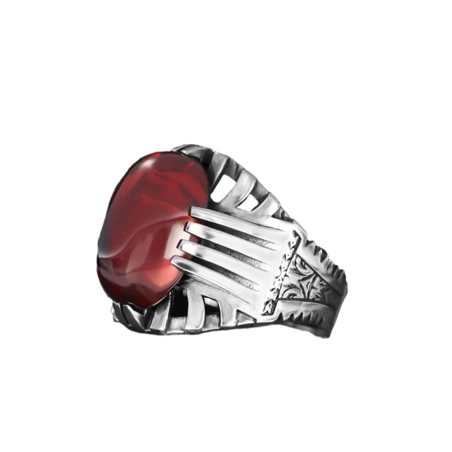 Tesbihevim | Men's Silver Ring with Red Agate Stone