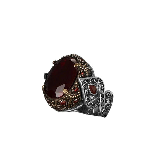 Tesbihevim | Men's Silver Ring with Red Zircon Stone