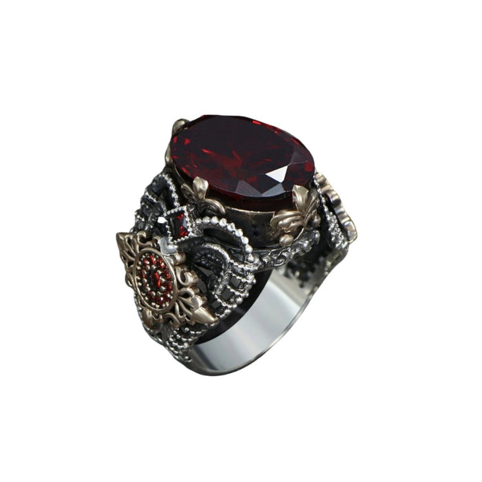 Tesbihevim | Men's Silver Ring with Red Zircon Stone